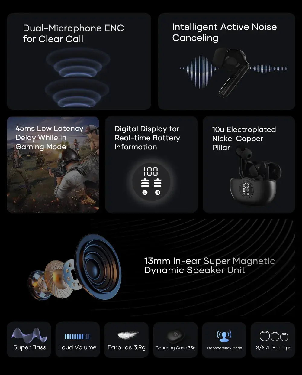 Picture of Wavefun Star 2 ANC Bluetooth Earphone V5.3 Wireless Headphones Digital Display Active Noise Cancelling Earbuds Super Bass - Black - Black