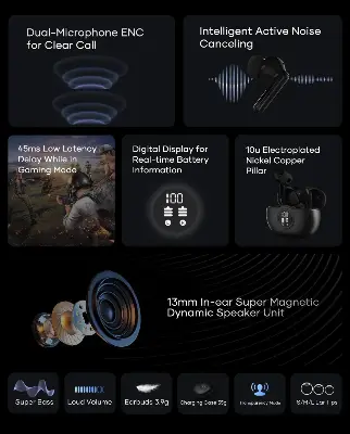 Picture of Wavefun Star 2 ANC Bluetooth Earphone V5.3 Wireless Headphones Digital Display Active Noise Cancelling Earbuds Super Bass - Black - Black