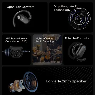 Picture of Wavefun Sense Open Ear Headphones Wireless Earphone with Adjustable Ear Hook Super Bass Wireless Earbuds BT5.3 Headsets with Microphone - Black - Black