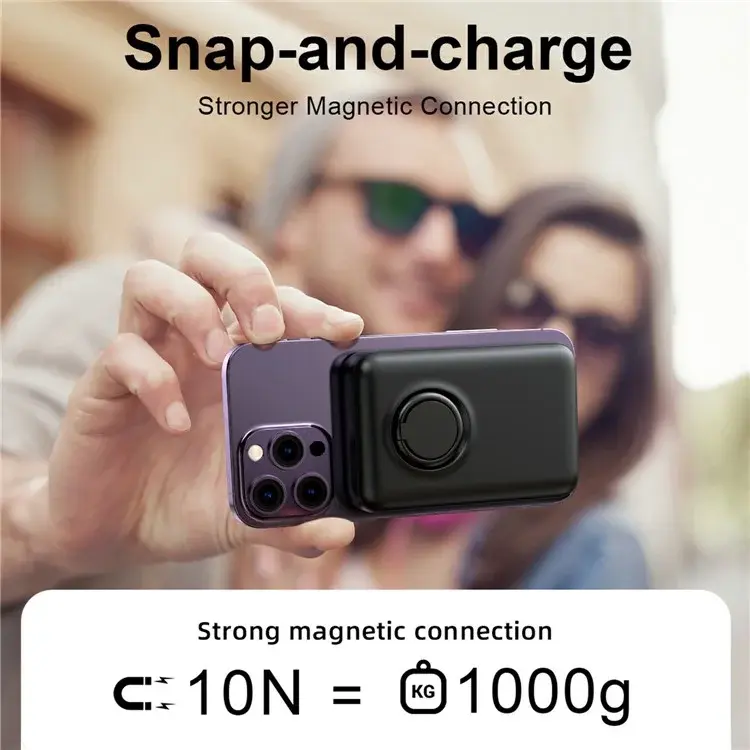 Picture of JOYROOM JR-W050 20W PD3.0 Fast Charging Power Bank 10000mAh Magnetic Wireless Charger External Battery Pack with Ring Holder Kickstand-  Black - Black