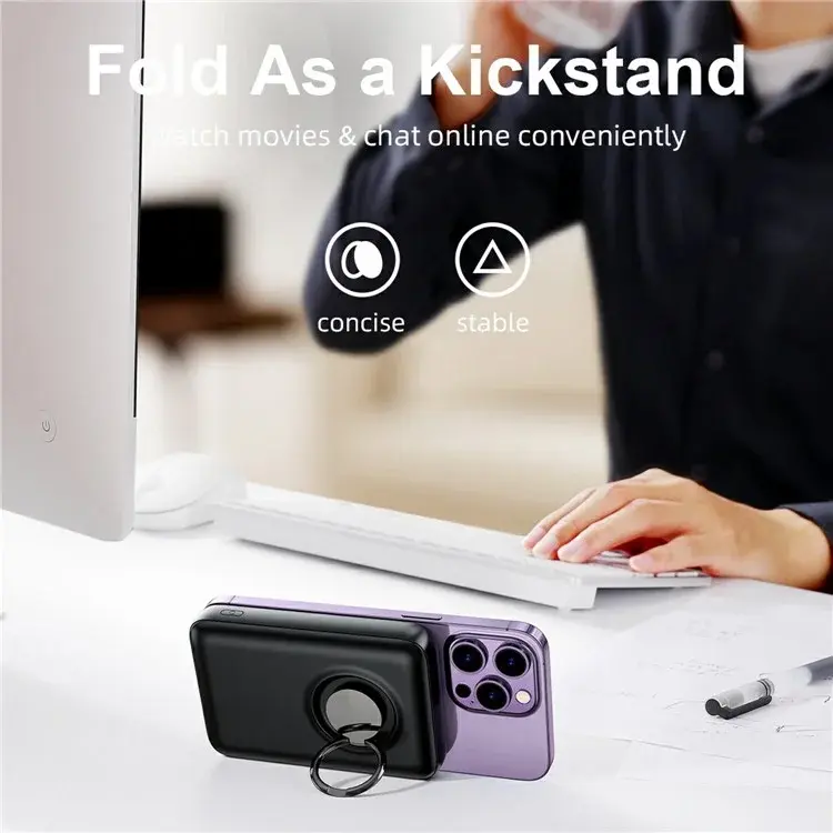 Picture of JOYROOM JR-W050 20W PD3.0 Fast Charging Power Bank 10000mAh Magnetic Wireless Charger External Battery Pack with Ring Holder Kickstand-  Black - Black