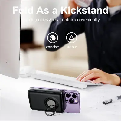 Picture of JOYROOM JR-W050 20W PD3.0 Fast Charging Power Bank 10000mAh Magnetic Wireless Charger External Battery Pack with Ring Holder Kickstand-  Black - Black