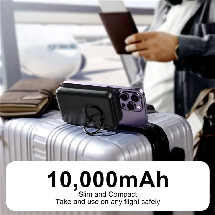 Picture of JOYROOM JR-W050 20W PD3.0 Fast Charging Power Bank 10000mAh Magnetic Wireless Charger External Battery Pack with Ring Holder Kickstand-  Black - Black