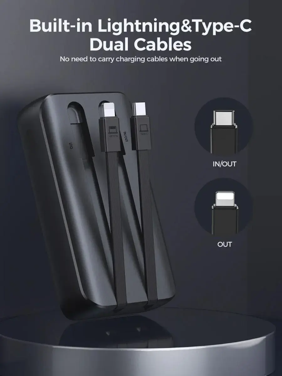 Picture of Joyroom JR-PBC06 30W Mini  10000mAh Power Bank with Dual Cables - Black - Black