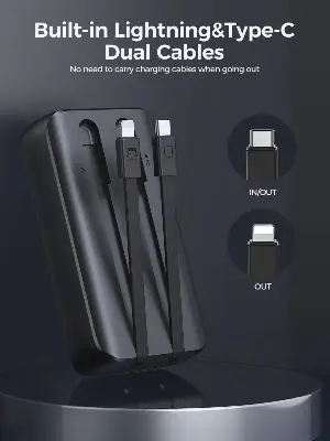 Picture of Joyroom JR-PBC06 30W Mini  10000mAh Power Bank with Dual Cables - Black - Black