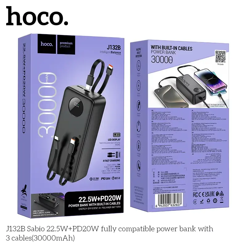 Picture of HOCO J132B 30000mAh 22.5W+PD20W Fast Charging Adapter Travel Power Bank With 3 Cables - Black