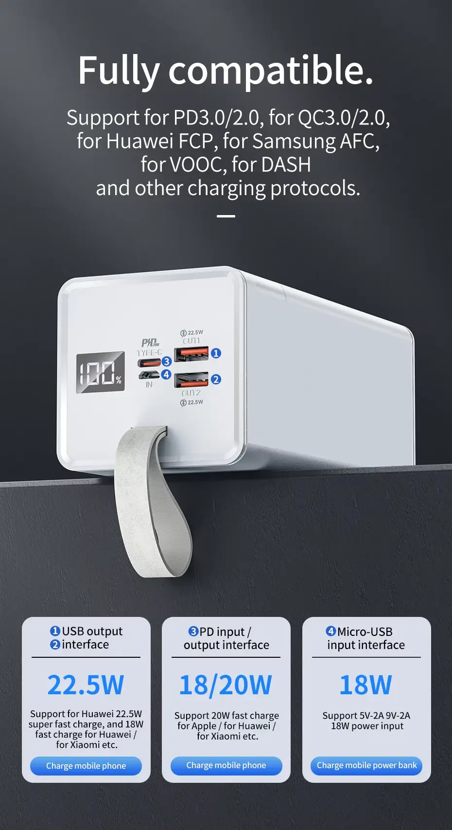 Picture of HOCO J86A 50000mAh Portable Cell Phone Battery 22.5W Fast Charging Power Bank - Black