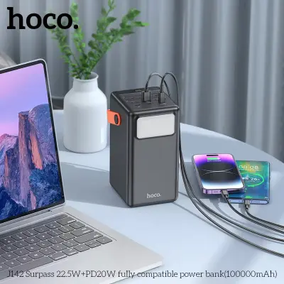 Picture of HOCO J142 100000mAh (1 Lac mAh) PD20W Fast Charge Power Bank with USB-C, Type-C, Dual USB Outputs Portable Charging Station With 14 Days Free Return & 3 Months Warranty - Black