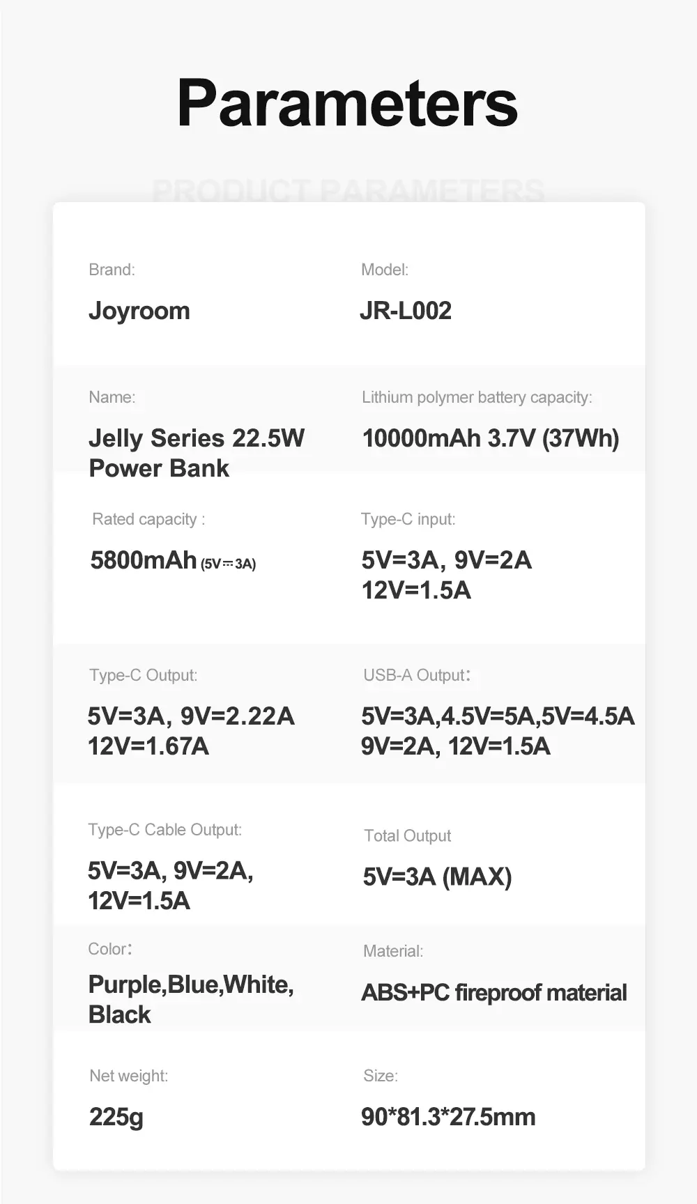 Picture of JOYROOM JR-L003 Jelly Series 22.5W Power Bank 10000mAh with Lightning Cable - Black