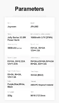 Picture of JOYROOM JR-L003 Jelly Series 22.5W Power Bank 10000mAh with Lightning Cable - Black
