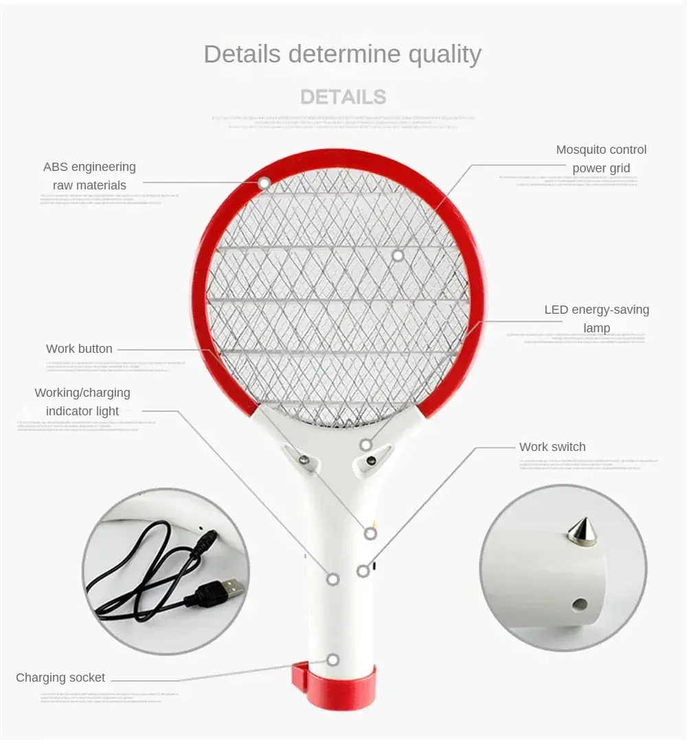 Picture of USB Car Mini Electric Mosquito Swatter Summer Mosquito Insect Racket Killer Rechargeable Handheld Bug Zapper For Bedroom & Outdoor With Powerfull LED Light - Random