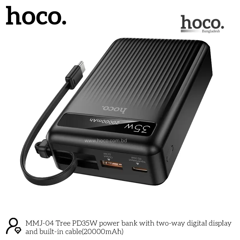 Picture of HOCO MMJ04 PD35W Fast Charging Power Bank With Two-Way Digital Display and Built-in Cable - Black - Black