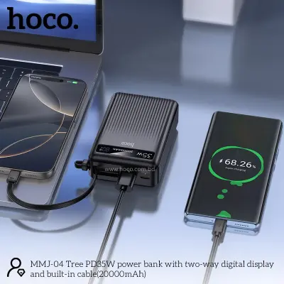 Picture of HOCO MMJ04 PD35W Fast Charging Power Bank With Two-Way Digital Display and Built-in Cable - Black - Black