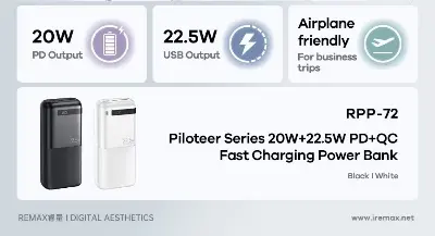 Picture of REMAX RPP-72 Piloteer Series 20000mAh PD+QC Fast Charging Power Bank(PD 20W+QC 22.5W) - Black - Black