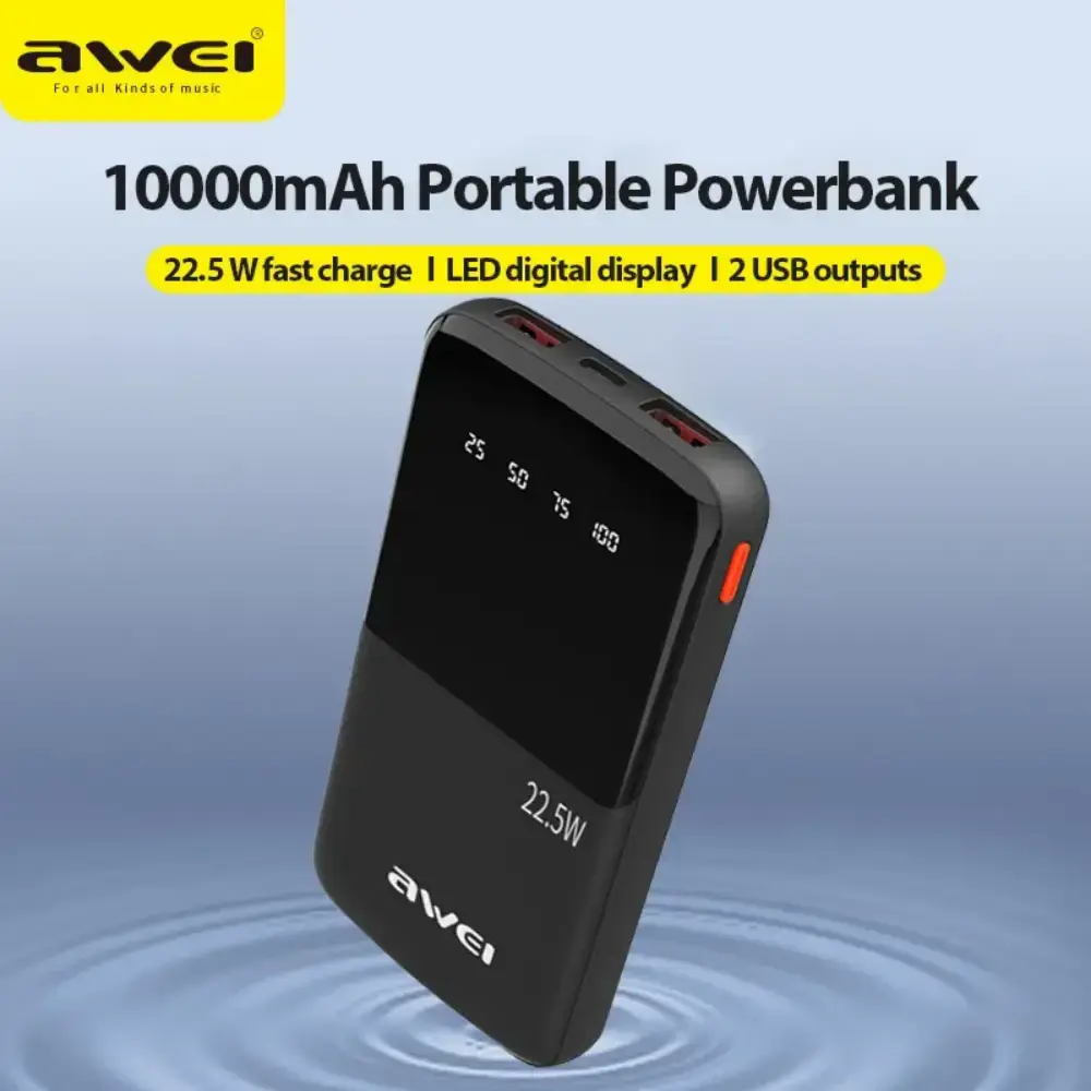 Picture of Awei P10K 10000mAh 22.5W PD Fast Charge Power Bank - Black - Black