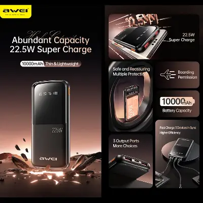 Picture of Awei P10K 10000mAh 22.5W PD Fast Charge Power Bank - Black - Black