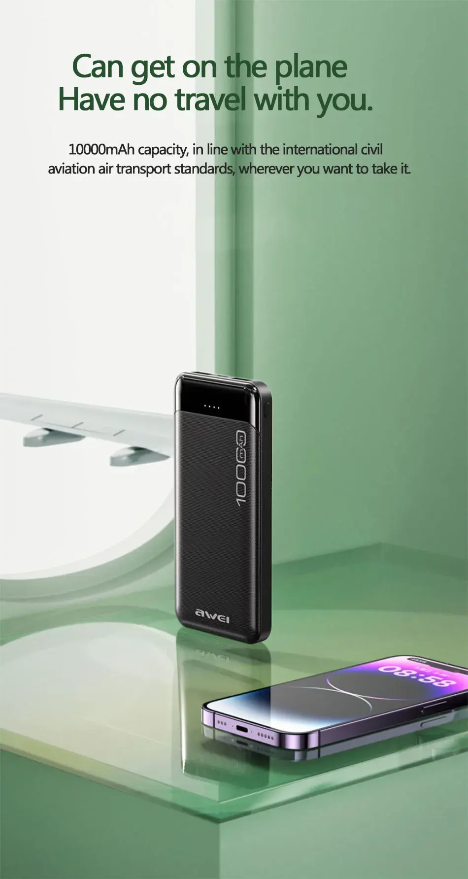Picture of Awei P37K 2.1A Fast Charging Portable 10000mAh Power Bank - Black - Black