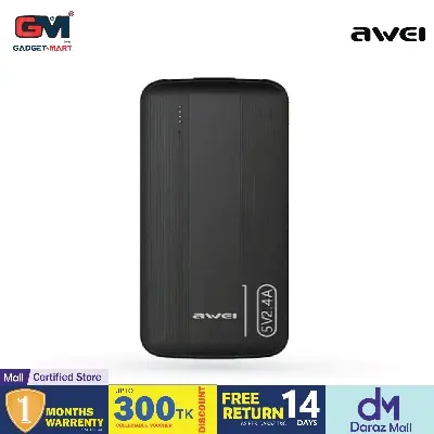 Picture of Awei P20K 2.4A Fast Charging Slim Looking 10000mAh PowerBank With Dual Output - Black - Black