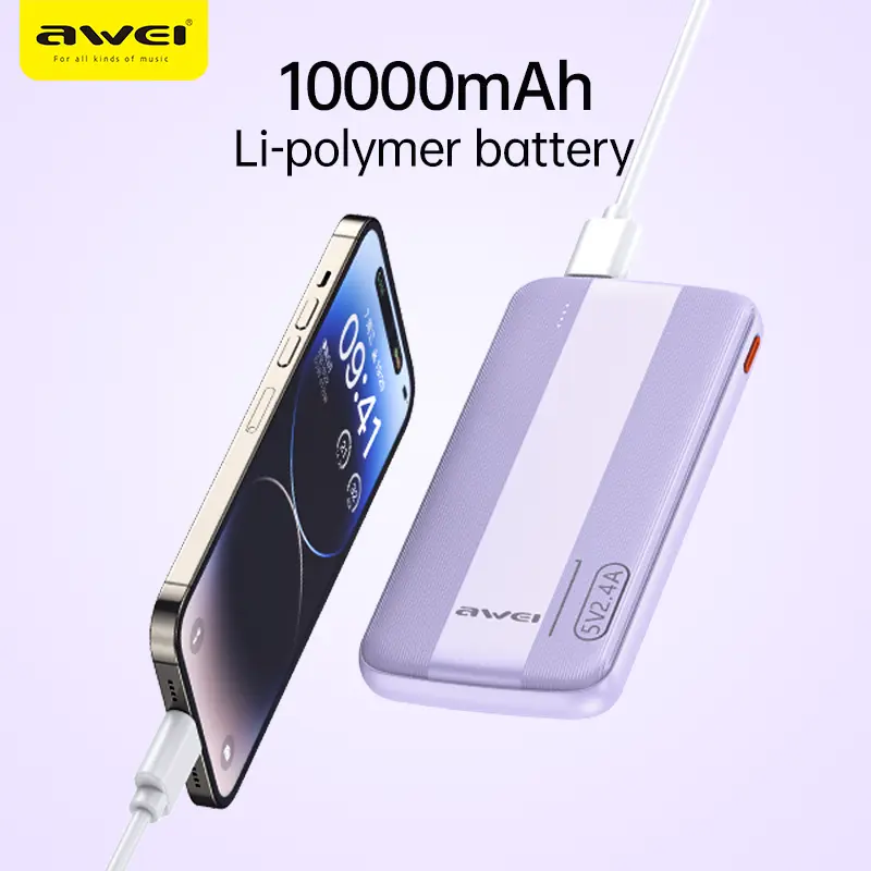 Picture of Awei P20K 2.4A Fast Charging Slim Looking 10000mAh PowerBank With Dual Output - Black - Black