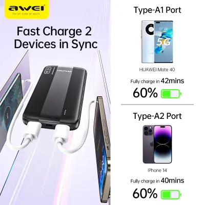 Picture of Awei P20K 2.4A Fast Charging Slim Looking 10000mAh PowerBank With Dual Output - Black - Black