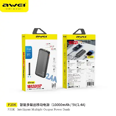 Picture of Awei P20K 2.4A Fast Charging Slim Looking 10000mAh PowerBank With Dual Output - Black - Black