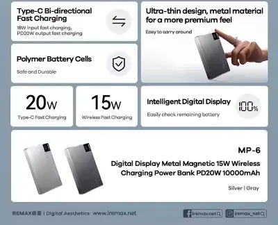 Picture of REMAX MP-6 10000mAh Fast Charging Magnetic 15W Wireless Charging Power Bank Ultra-Thin Digital Display Portable Power Banks - Dark Grey