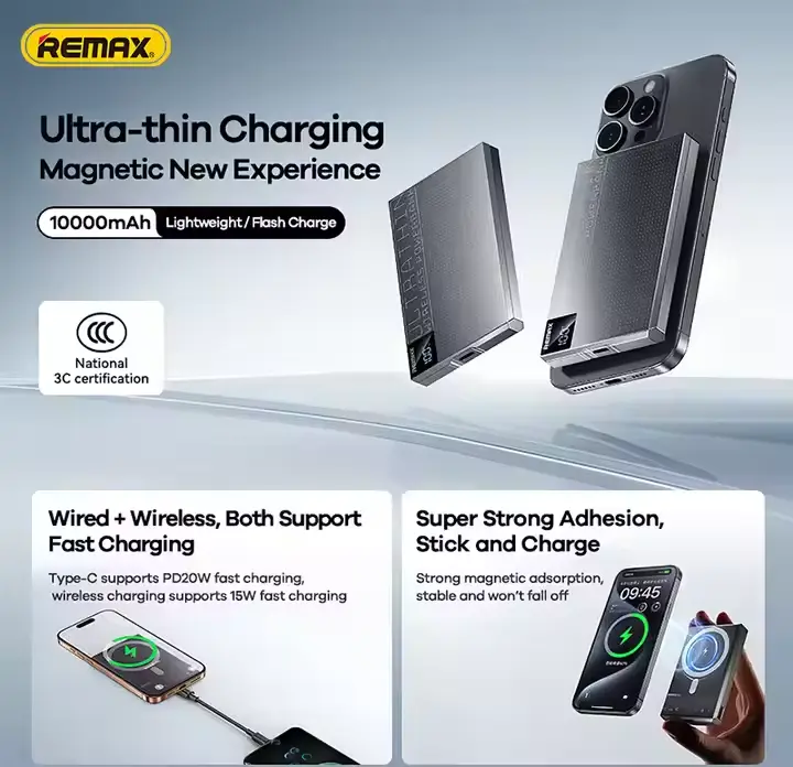 Picture of REMAX MP-6 10000mAh Fast Charging Magnetic 15W Wireless Charging Power Bank Ultra-Thin Digital Display Portable Power Banks - Dark Grey