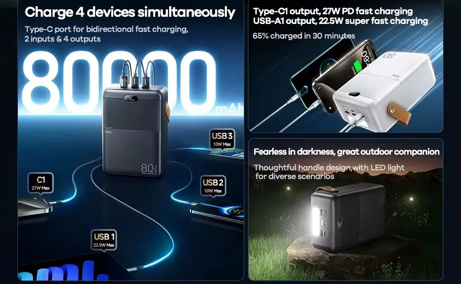 Picture of REMAX - RPP-118 Piloteer Series 80000mAh PD+QC Fast Charging Power bank (PD 27W+QC 22.5W) - Grey - Grey