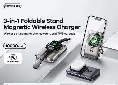 Picture of REMAX RPP-695 20W Magnetic (3 in 1) 15W Wireless Charging 10000mAh Power Bank with Foldable Holder & Cable - Black