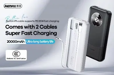 Picture of REMAX RPP-38 20W+22.5W Built-in Dual Fast Charging Cables 20000mAh Power Bank - Black