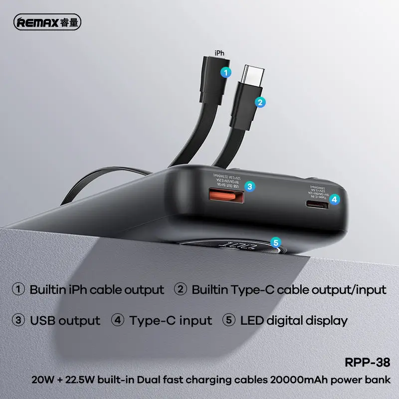 Picture of REMAX RPP-38 20W+22.5W Built-in Dual Fast Charging Cables 20000mAh Power Bank - Black