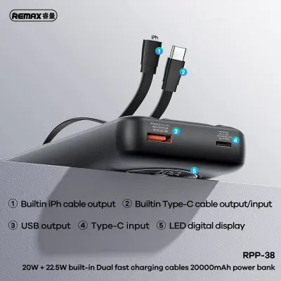 Picture of REMAX RPP-38 20W+22.5W Built-in Dual Fast Charging Cables 20000mAh Power Bank - Black