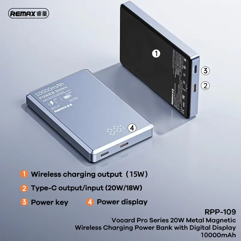 Picture of REMAX RPP-109 20W Ultra-Slim Metal Magnatic Wireless 10000mAh Power Bank - Black
