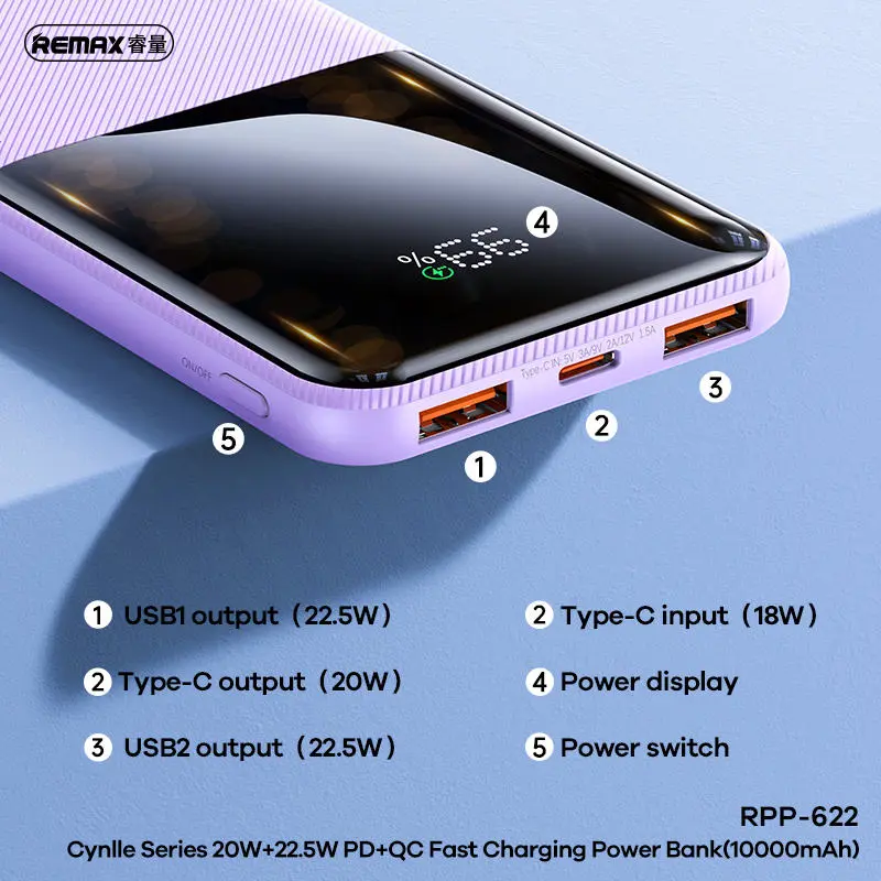 Picture of Remax RPP-622  LED Digital Display Portable PD20W Fast Charging 10000mAh Mobile Charging Power Bank - Black