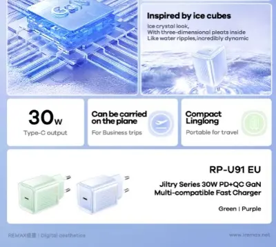 Picture of REMAX RP-U91 Jiltry Series GaN 30W PD+QC Multi-Compatible Fast Charger - EU - Green - Green