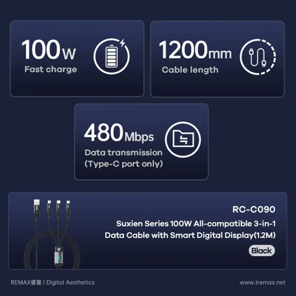 Picture of REMAX RC-C090 Suxien Series 100W All Compatible 3 In 1 Data Cable With Smart Digital Display - Black