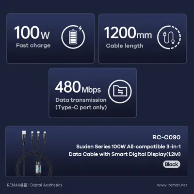 Picture of REMAX RC-C090 Suxien Series 100W All Compatible 3 In 1 Data Cable With Smart Digital Display - Black