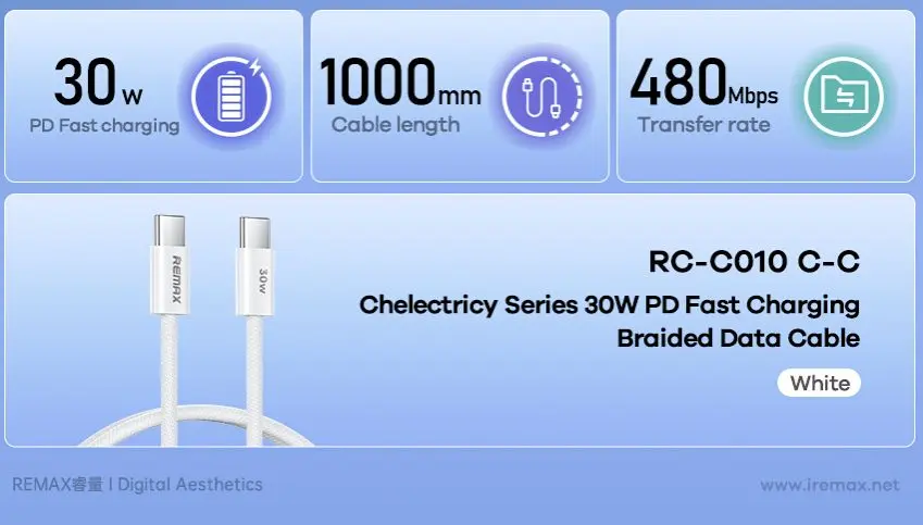 Picture of REMAX RC-C010 Chelectricy Series 30W PD Fast Charging Braided Data Cable - Black - White