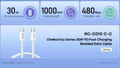Picture of REMAX RC-C010 Chelectricy Series 30W PD Fast Charging Braided Data Cable - Black - White