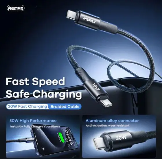 Picture of REMAX RC-C100 C-C Fonsu Series 30W Type-C to Type-C Fast Charging Data Cable - Black - Black