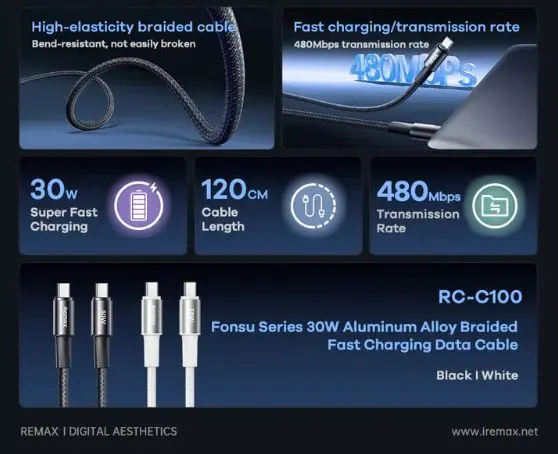 Picture of REMAX RC-C100 C-C Fonsu Series 30W Type-C to Type-C Fast Charging Data Cable - Black - Black