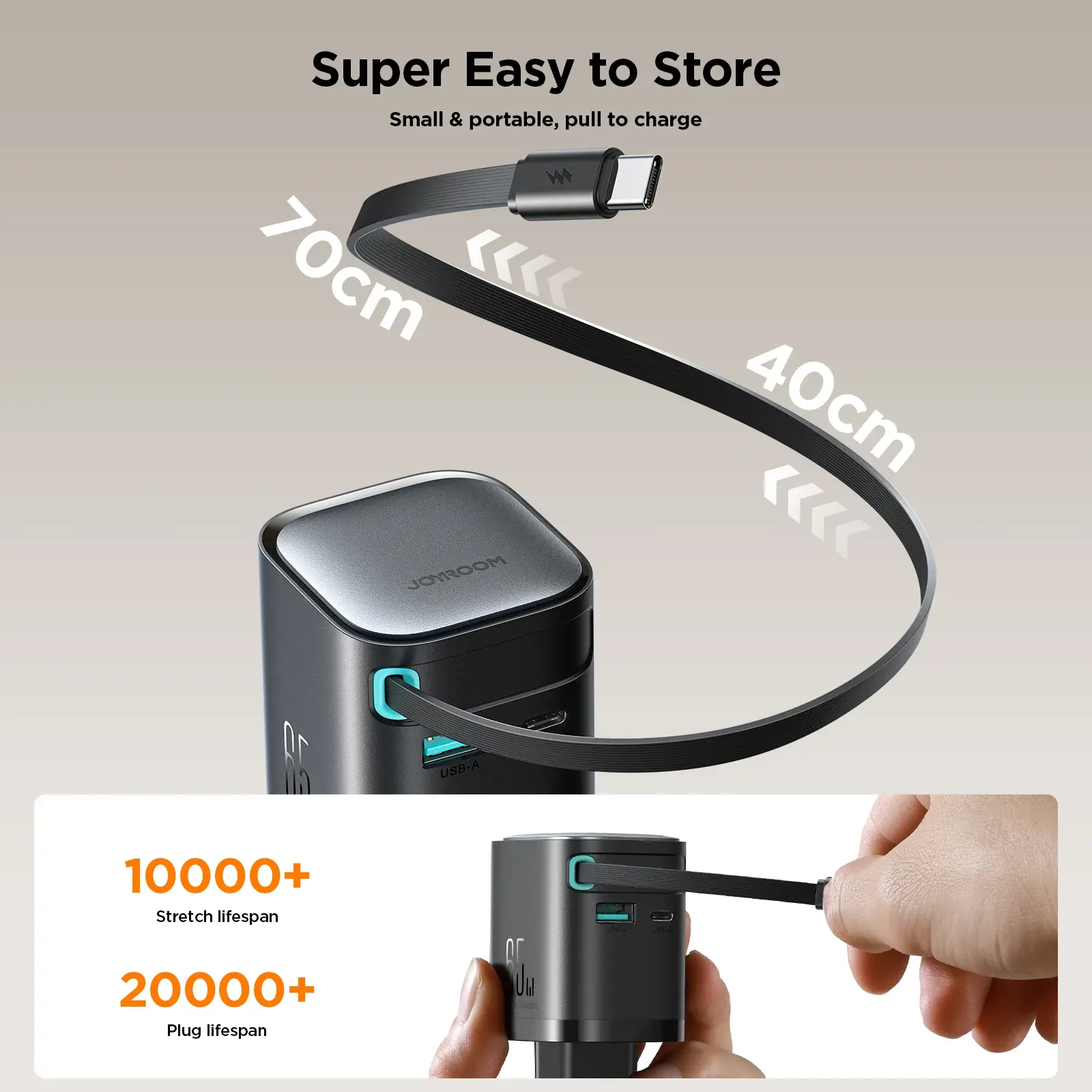 Picture of JOYROOM JR-TCL02 GaN 65W Fast Charger with Retractable Cable  - Black - Black