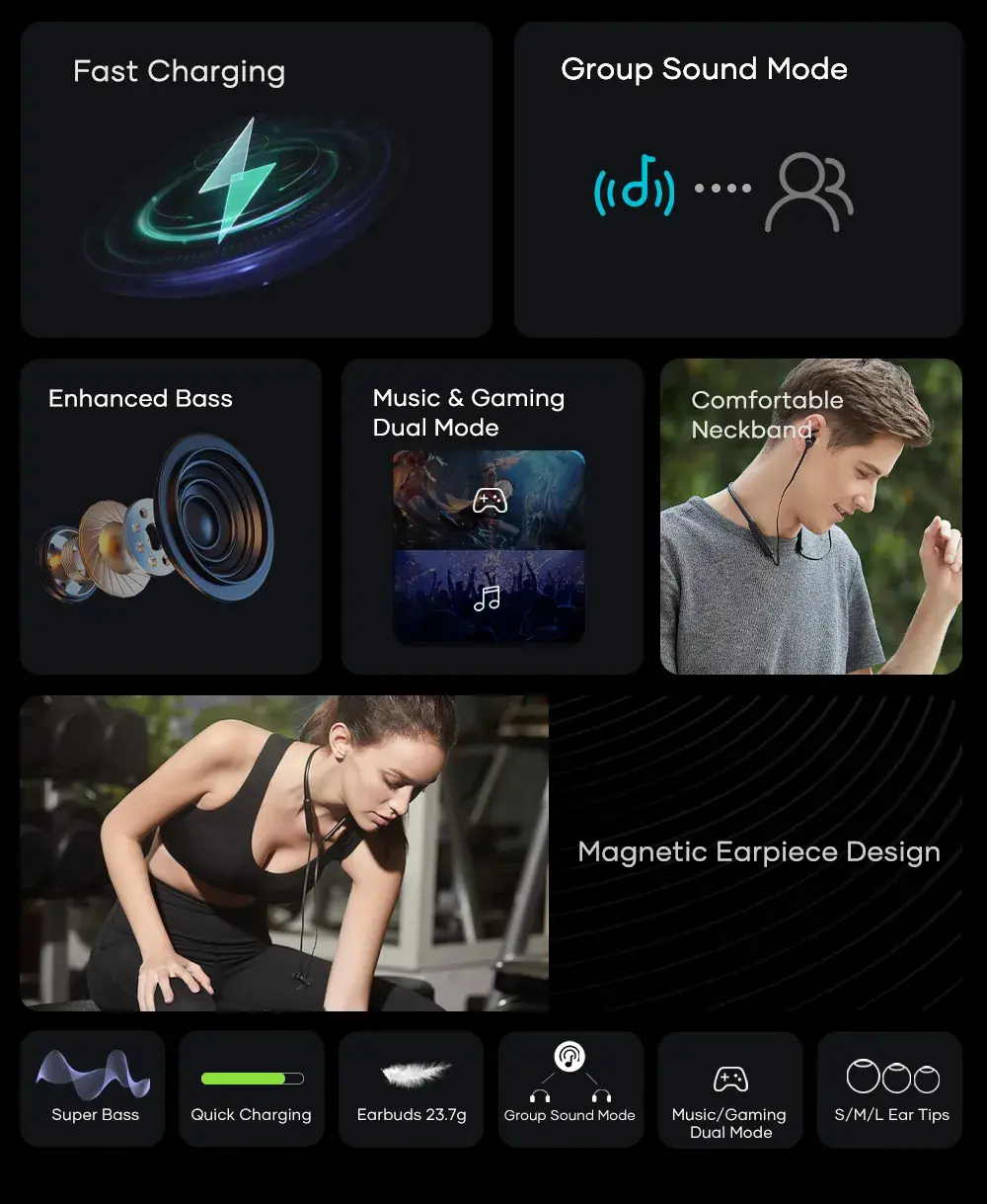 Picture of Wavefun Flex Pro Ultimate Quick Charging Bluetooth Earphone V5.3 Wireless Headphones Neckband Stereo Earbuds TWS Mode with Mic - Black