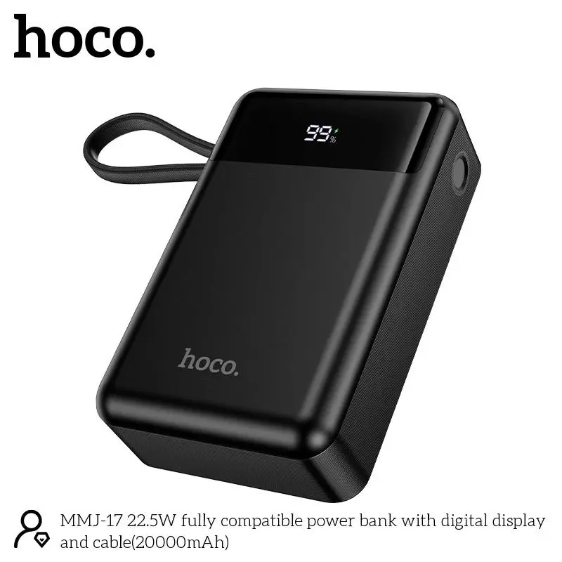 Picture of Hoco MMJ-17 Fully Compatible 22.5W Fast Charging 20000mAh Powerbank with Digital Display & 2 Built in Cable (Type-C & lightning) - Black - Black