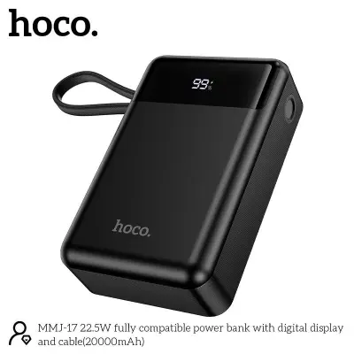 Picture of Hoco MMJ-17 Fully Compatible 22.5W Fast Charging 20000mAh Powerbank with Digital Display & 2 Built in Cable (Type-C & lightning) - Black - Black