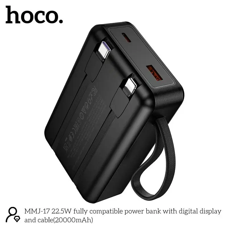 Picture of Hoco MMJ-17 Fully Compatible 22.5W Fast Charging 20000mAh Powerbank with Digital Display & 2 Built in Cable (Type-C & lightning) - Black - Black