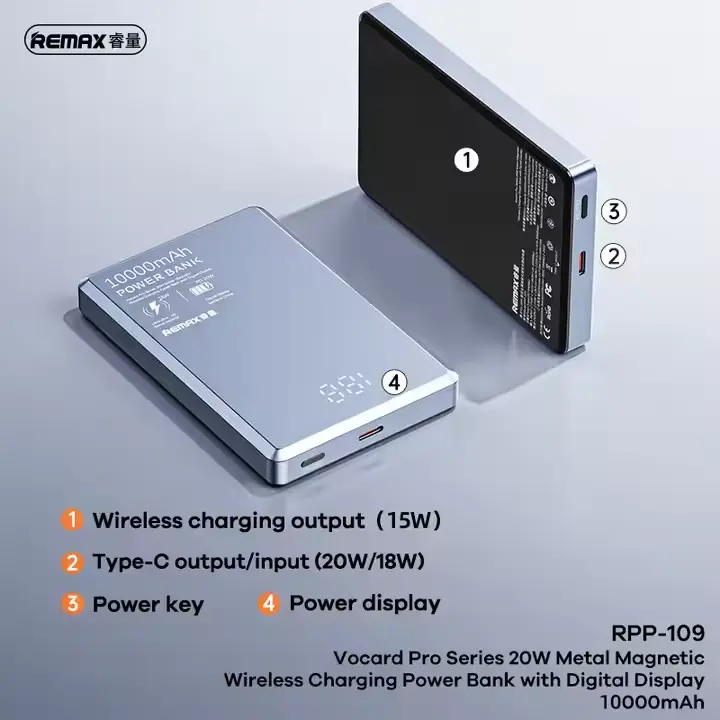 Picture of REMAX RPP-109 Vocard Pro Metal Body Ultra Slim 20W PD Fast Charging Magnetic Wireless 10000mAh Power Bank - Black - Matte Black