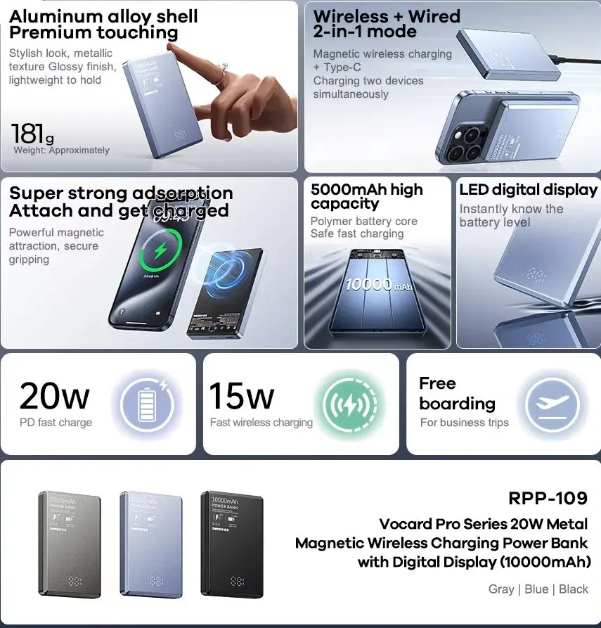 Picture of REMAX RPP-109 Vocard Pro Metal Body Ultra Slim 20W PD Fast Charging Magnetic Wireless 10000mAh Power Bank - Black - Matte Black