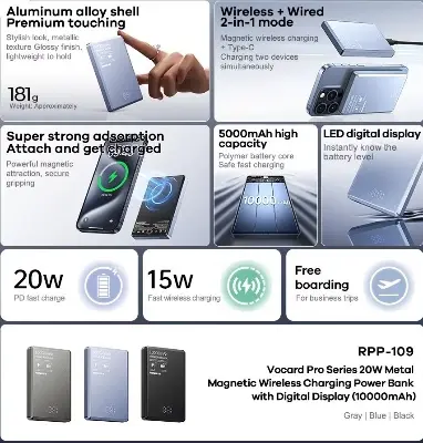 Picture of REMAX RPP-109 Vocard Pro Metal Body Ultra Slim 20W PD Fast Charging Magnetic Wireless 10000mAh Power Bank - Black - Matte Black