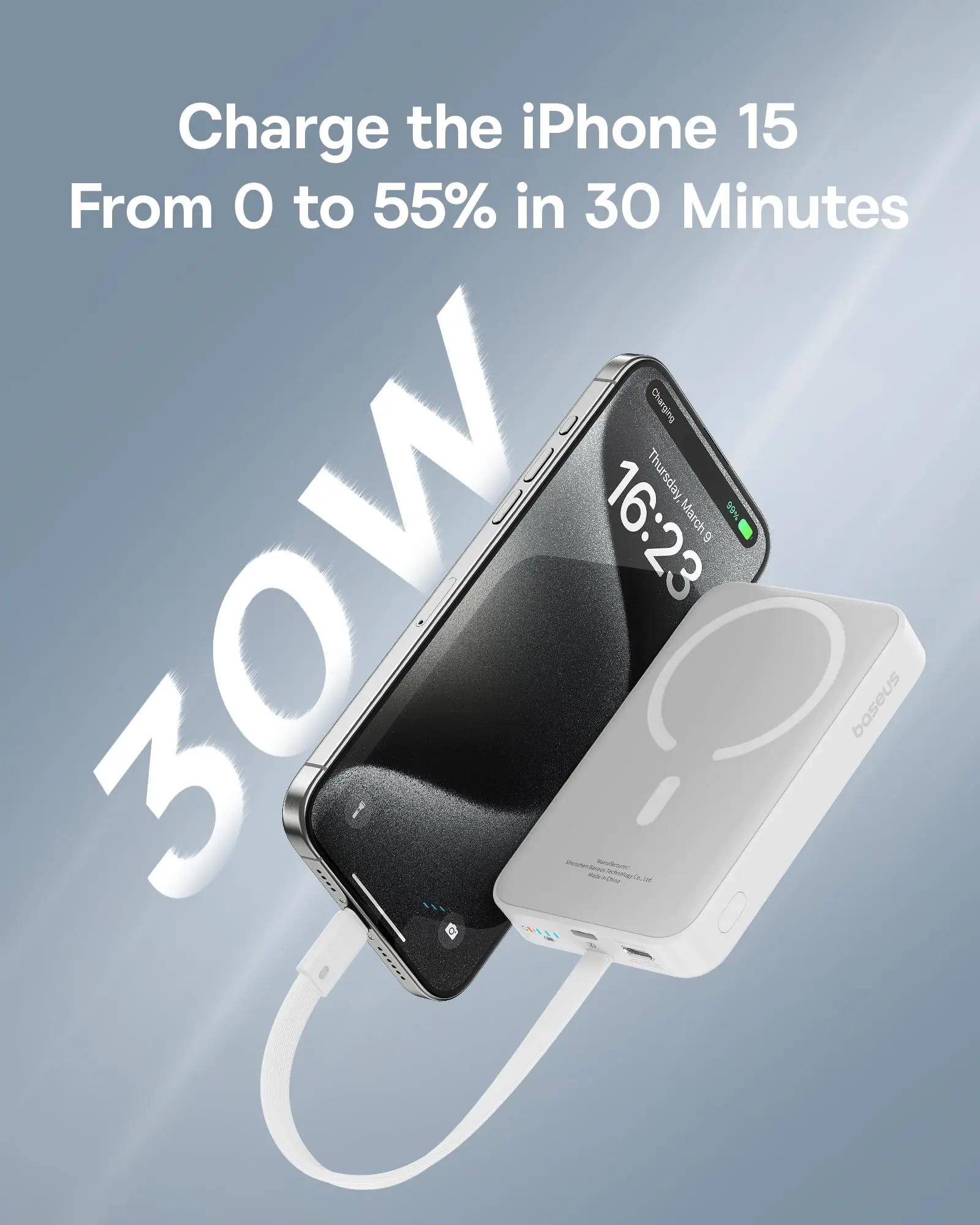 Picture of Baseus Magnetic 30W 10000mAh Power Bank With Built-in USB-C Cable - White